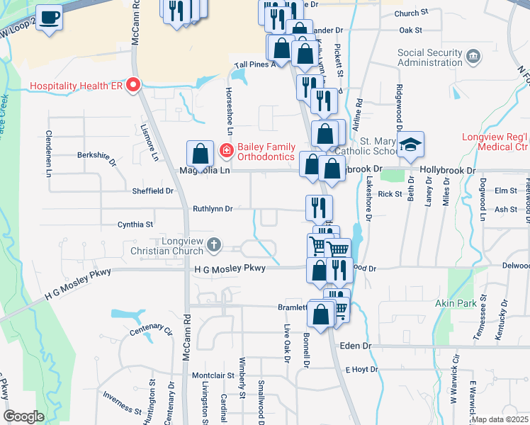 map of restaurants, bars, coffee shops, grocery stores, and more near 26 Creekmont Lane in Longview