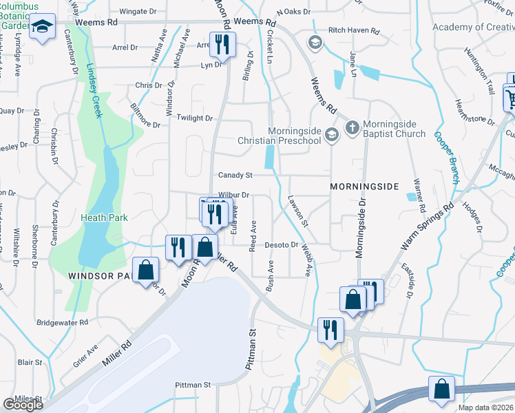 map of restaurants, bars, coffee shops, grocery stores, and more near 4171 Wilbur Drive in Columbus