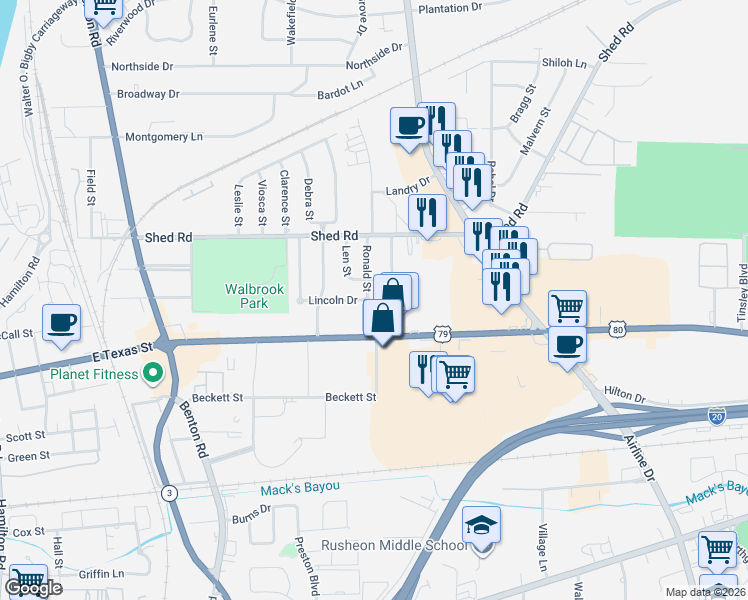map of restaurants, bars, coffee shops, grocery stores, and more near 1000 Ronald Street in Bossier City