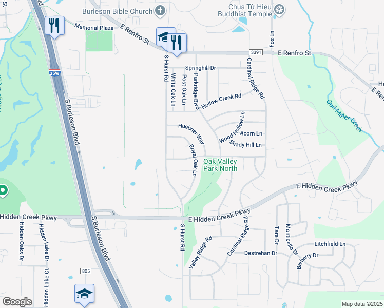 map of restaurants, bars, coffee shops, grocery stores, and more near 833 Evandale Road in Burleson