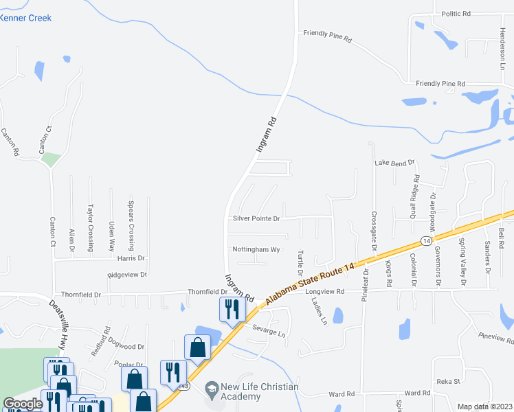 map of restaurants, bars, coffee shops, grocery stores, and more near 37 Clearview Lane in Elmore