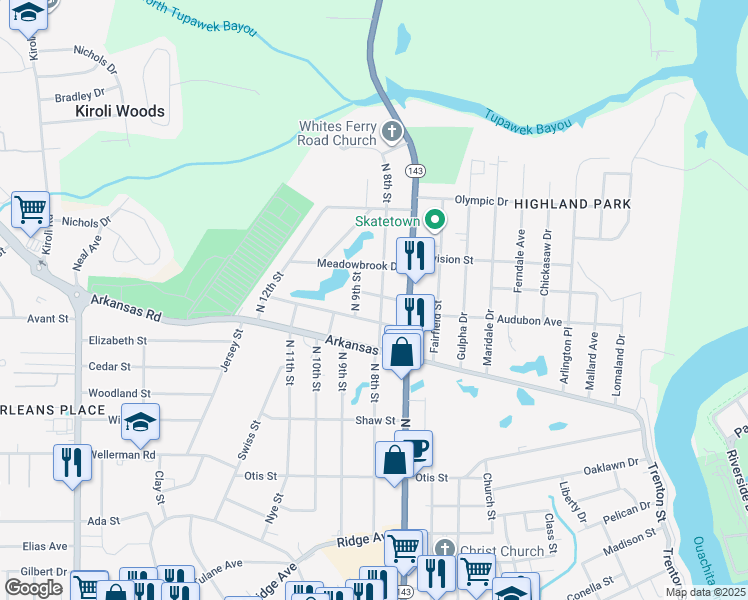 map of restaurants, bars, coffee shops, grocery stores, and more near 2902 N 9th St in West Monroe