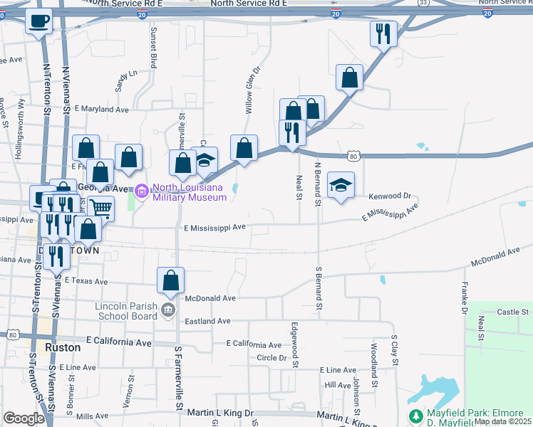 map of restaurants, bars, coffee shops, grocery stores, and more near 301 Cartwright Drive in Ruston