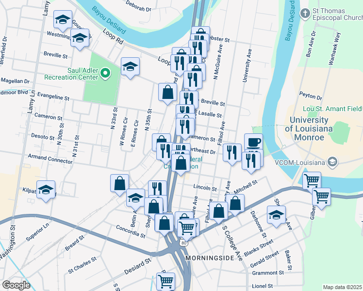 map of restaurants, bars, coffee shops, grocery stores, and more near in Monroe