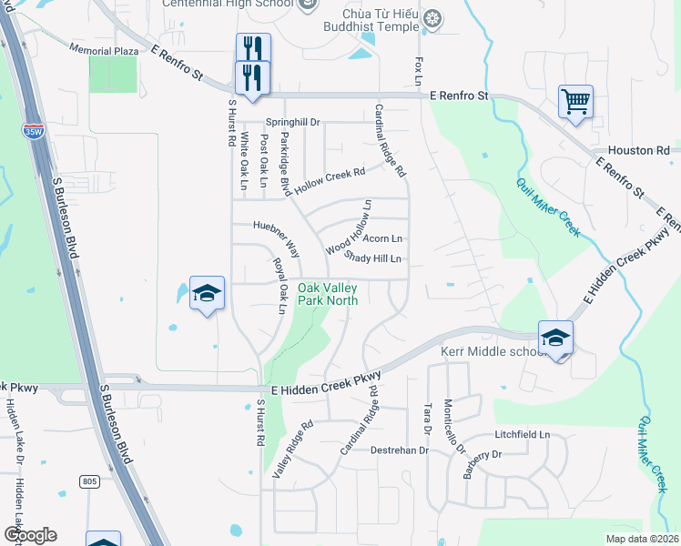 map of restaurants, bars, coffee shops, grocery stores, and more near 701 Parkridge Boulevard in Burleson