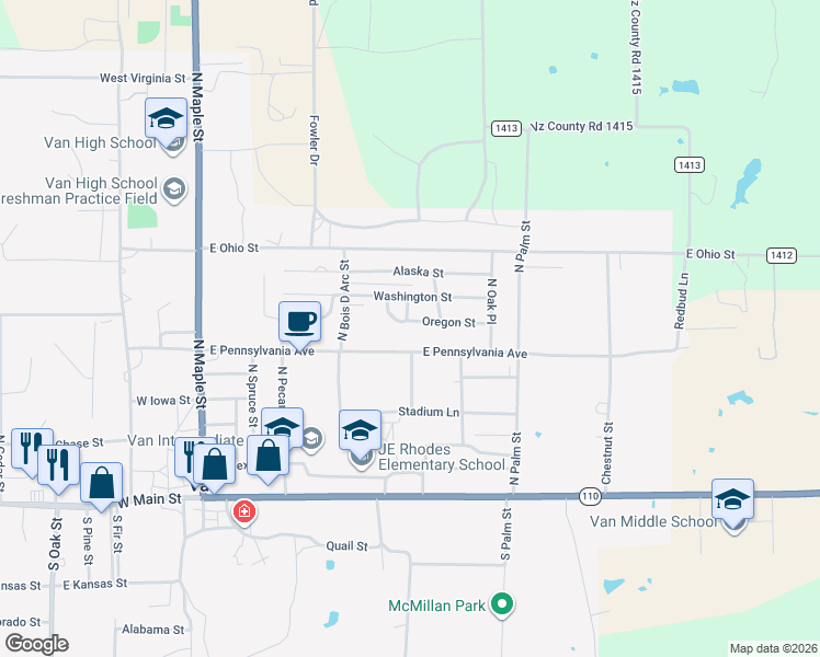 map of restaurants, bars, coffee shops, grocery stores, and more near 199 Oregon Street in Van