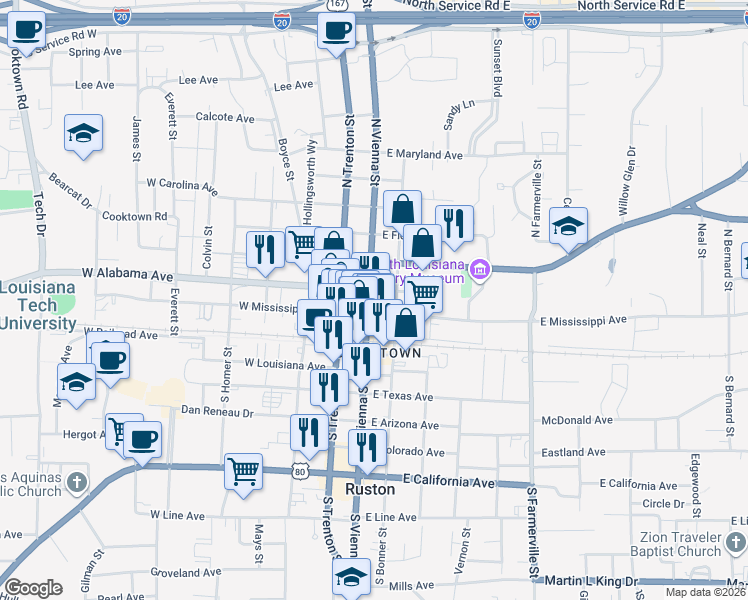 map of restaurants, bars, coffee shops, grocery stores, and more near 199 East Alabama Avenue in Ruston