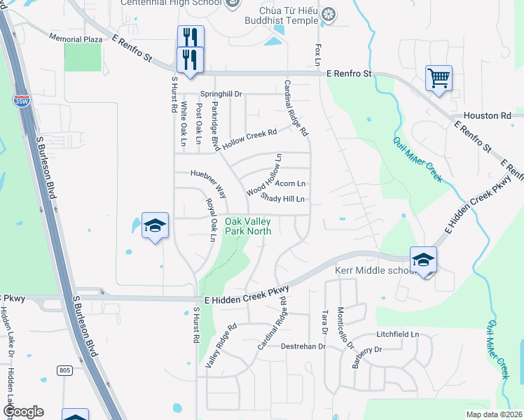 map of restaurants, bars, coffee shops, grocery stores, and more near 701 Parkridge Boulevard in Burleson