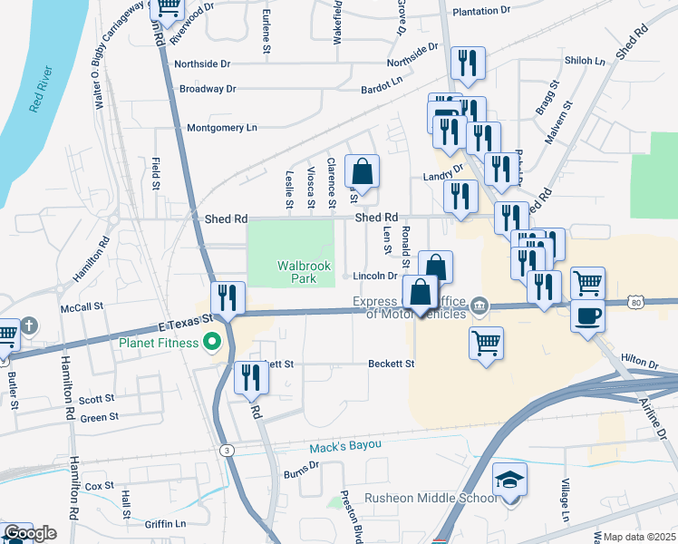 map of restaurants, bars, coffee shops, grocery stores, and more near 1008 Clarence Street in Bossier City