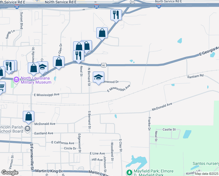 map of restaurants, bars, coffee shops, grocery stores, and more near 1401 East Mississippi Avenue in Ruston