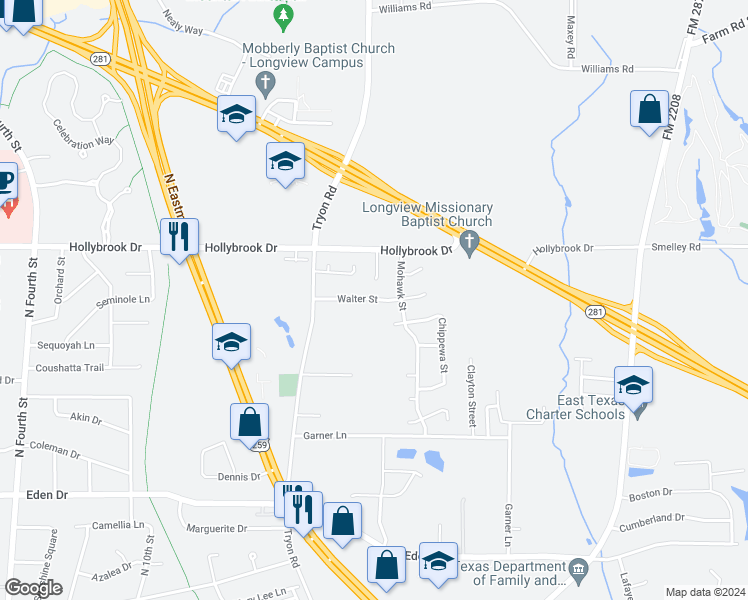 map of restaurants, bars, coffee shops, grocery stores, and more near 1417 Walter Street in Longview