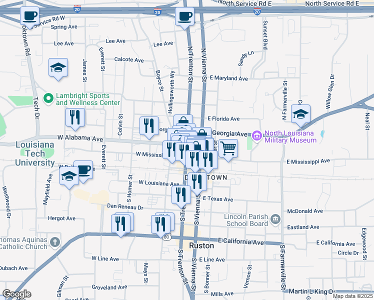 map of restaurants, bars, coffee shops, grocery stores, and more near 212 North Trenton Street in Ruston