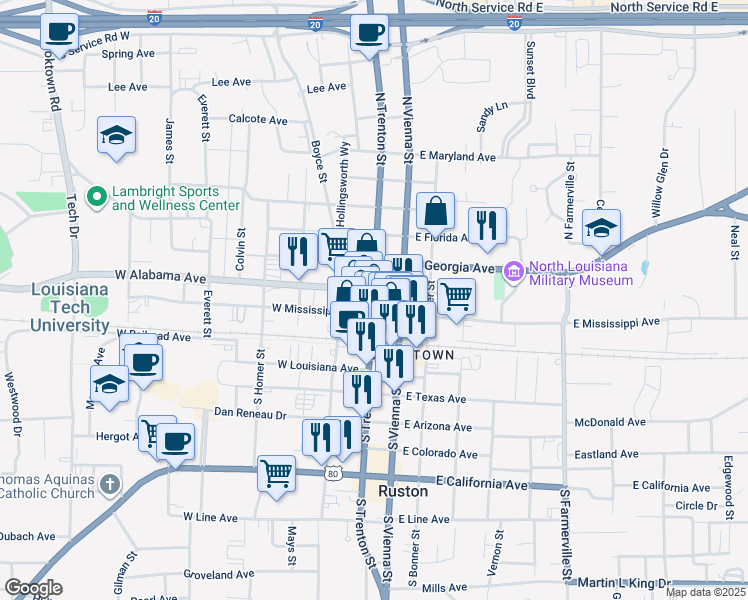 map of restaurants, bars, coffee shops, grocery stores, and more near 212 North Trenton Street in Ruston