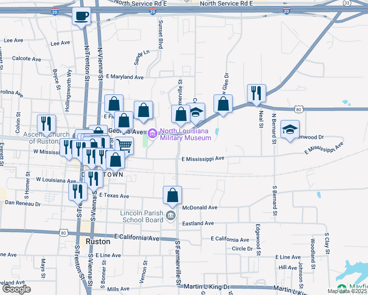 map of restaurants, bars, coffee shops, grocery stores, and more near 205 North Farmerville Street in Ruston
