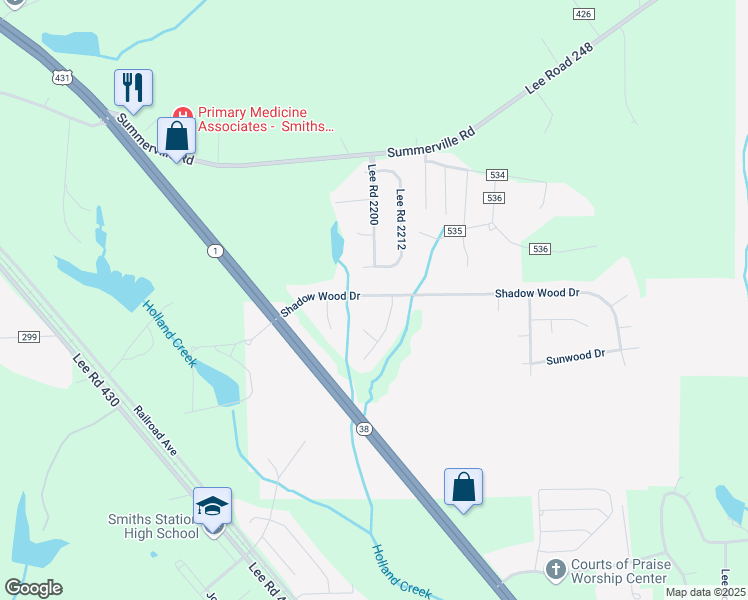 map of restaurants, bars, coffee shops, grocery stores, and more near 231 Lee Road 980 in Smiths Station