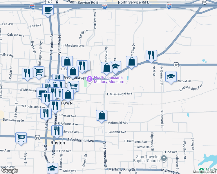 map of restaurants, bars, coffee shops, grocery stores, and more near 204 North Farmerville Street in Ruston