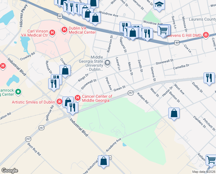 map of restaurants, bars, coffee shops, grocery stores, and more near 208 Penn Avenue in Dublin