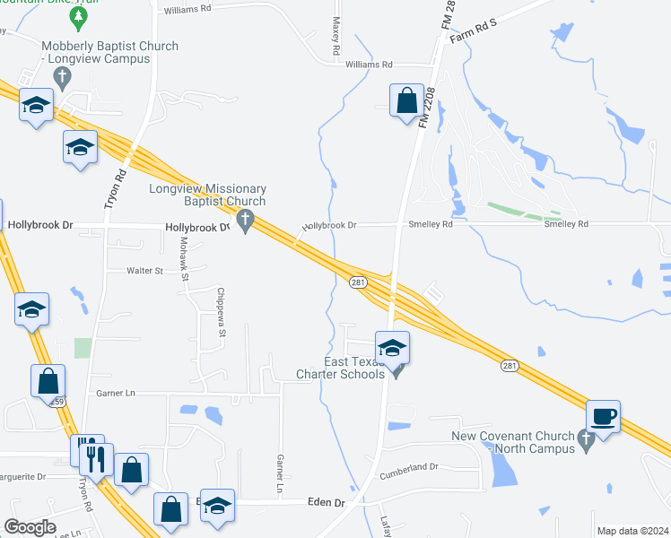 map of restaurants, bars, coffee shops, grocery stores, and more near 830 East Loop 281 in Longview