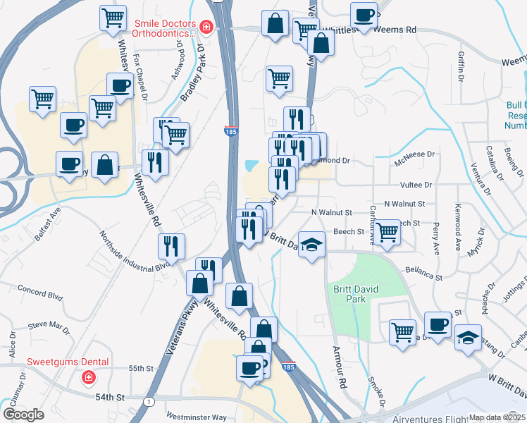 map of restaurants, bars, coffee shops, grocery stores, and more near 6763 Veterans Parkway in Columbus