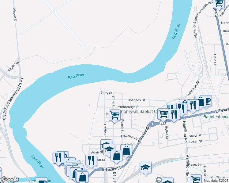 map of restaurants, bars, coffee shops, grocery stores, and more near 401 Berry Street in Bossier City