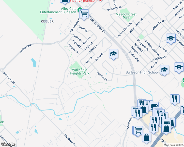 map of restaurants, bars, coffee shops, grocery stores, and more near 1449 Kramer Court in Burleson