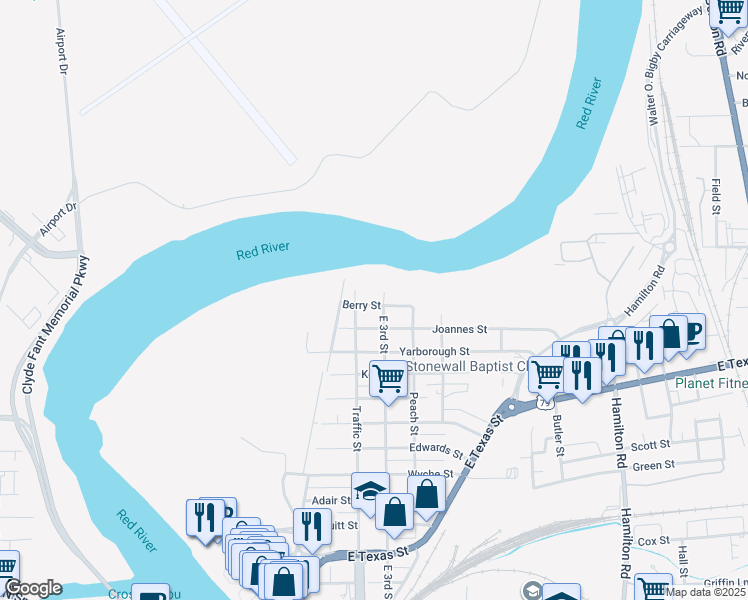 map of restaurants, bars, coffee shops, grocery stores, and more near 329 Berry Street in Bossier City