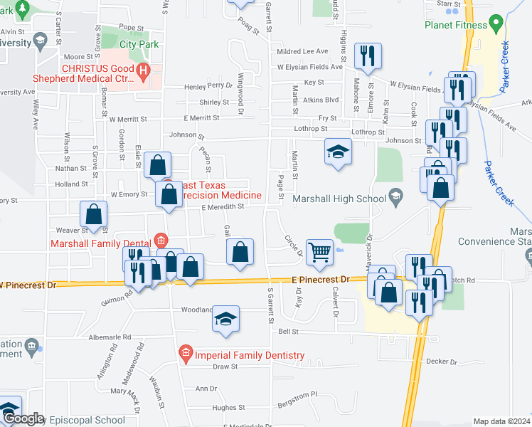 map of restaurants, bars, coffee shops, grocery stores, and more near 1704 South Garrett Street in Marshall