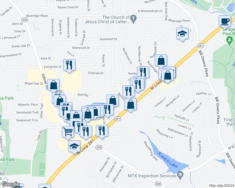 map of restaurants, bars, coffee shops, grocery stores, and more near 2205 Balsam Street in Longview