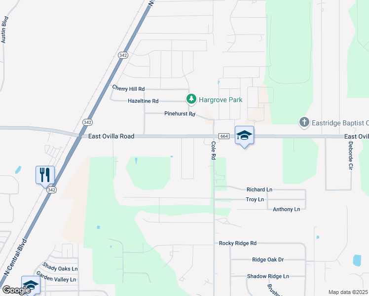 map of restaurants, bars, coffee shops, grocery stores, and more near 206 Cobblestone Circle in Red Oak