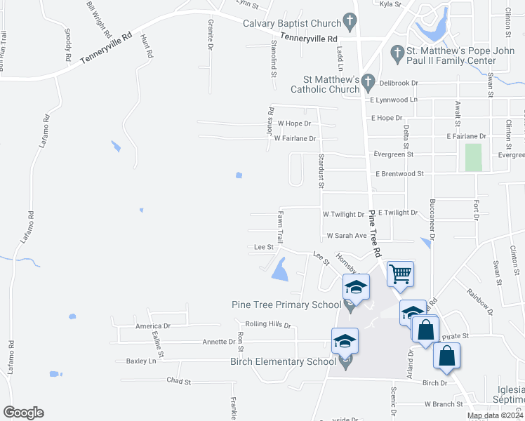 map of restaurants, bars, coffee shops, grocery stores, and more near 2106 Oak Hollow Street in Longview