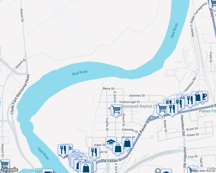 map of restaurants, bars, coffee shops, grocery stores, and more near 329 Berry Street in Bossier City