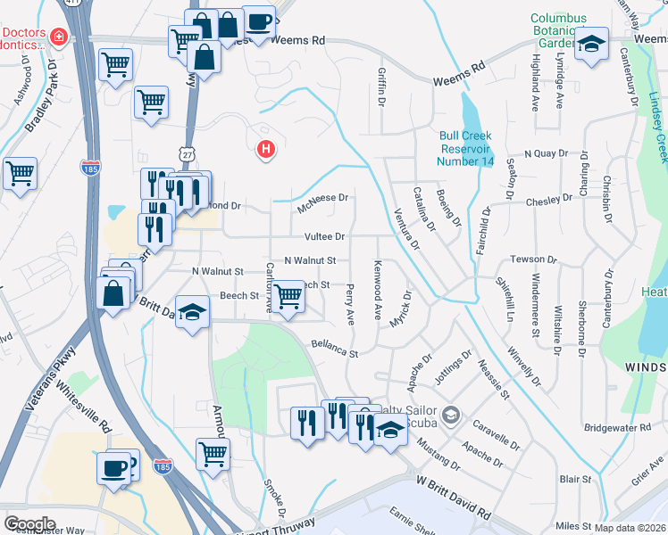 map of restaurants, bars, coffee shops, grocery stores, and more near 2910 North Walnut Street in Columbus