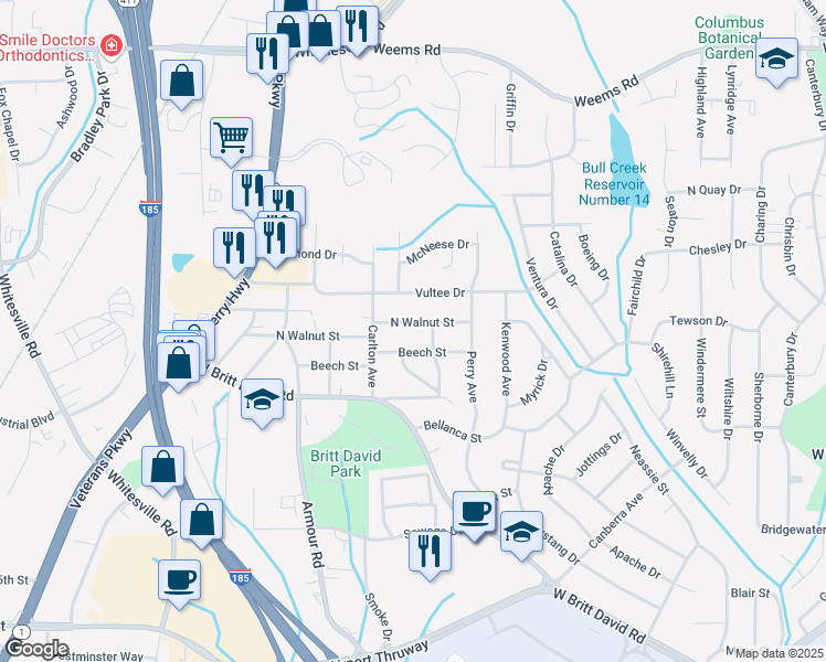 map of restaurants, bars, coffee shops, grocery stores, and more near 2832 N Walnut St in Columbus