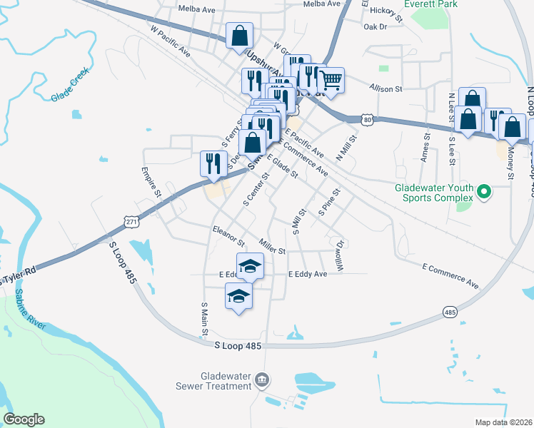 map of restaurants, bars, coffee shops, grocery stores, and more near 410 South Roden Lane in Gladewater