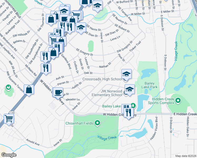 map of restaurants, bars, coffee shops, grocery stores, and more near 504 Judith Street in Burleson