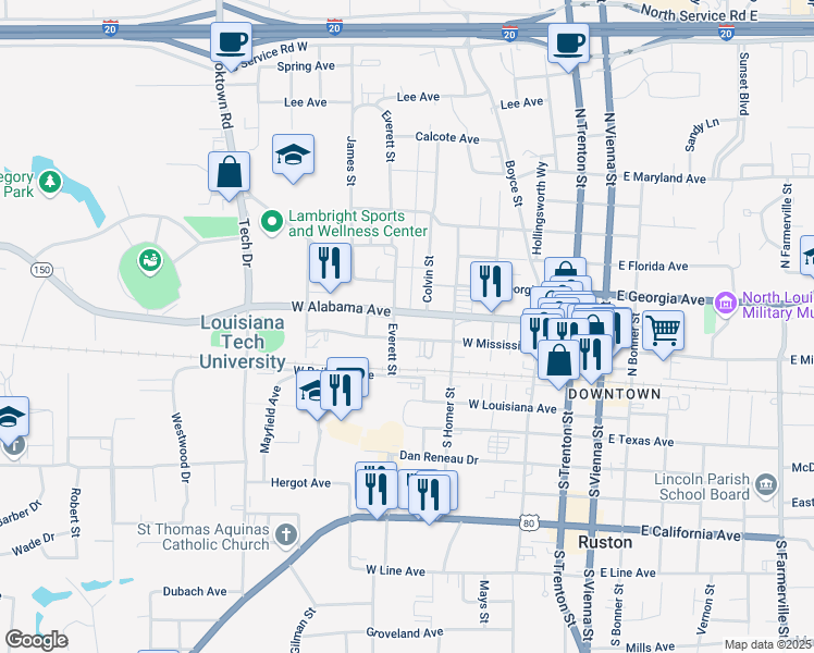 map of restaurants, bars, coffee shops, grocery stores, and more near 204 Everett Street in Ruston