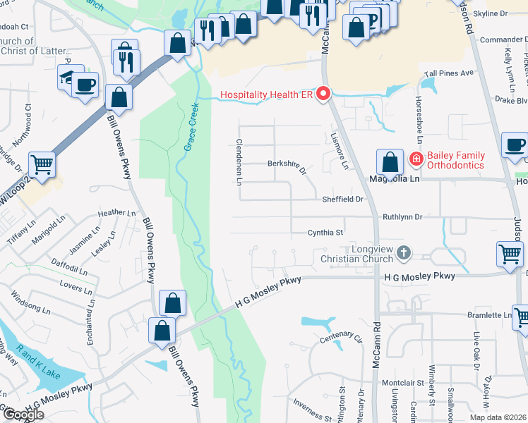 map of restaurants, bars, coffee shops, grocery stores, and more near 609 Ruthlynn Drive in Longview