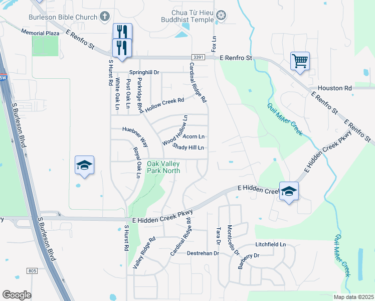 map of restaurants, bars, coffee shops, grocery stores, and more near 1040 Shady Hill Ln in Burleson