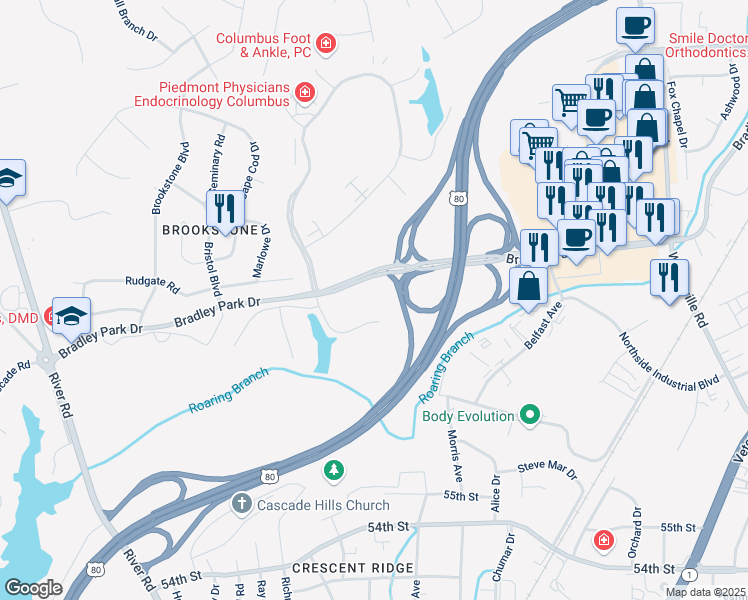 map of restaurants, bars, coffee shops, grocery stores, and more near 4 Stoneshoal Court in Columbus