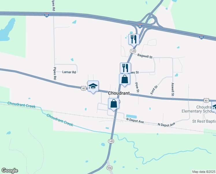 map of restaurants, bars, coffee shops, grocery stores, and more near 189 Oak Street in Choudrant