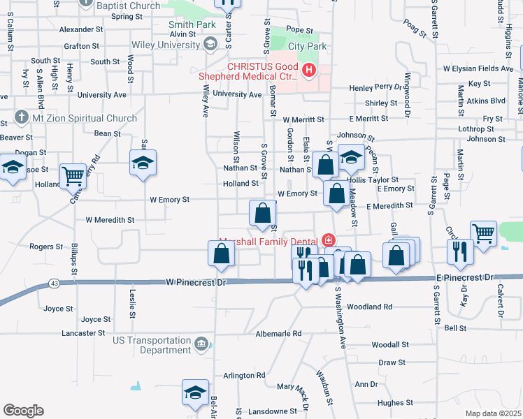 map of restaurants, bars, coffee shops, grocery stores, and more near 501 West Meredith Street in Marshall