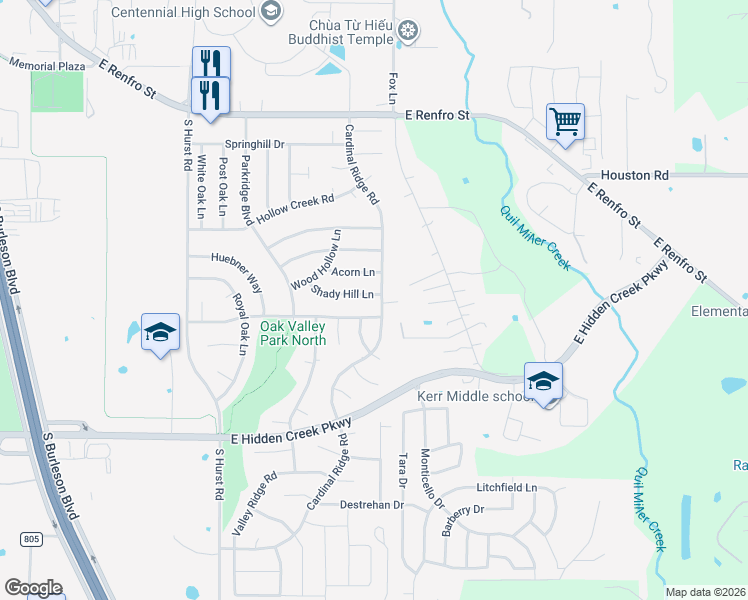 map of restaurants, bars, coffee shops, grocery stores, and more near 1120 Shady Hill Lane in Burleson