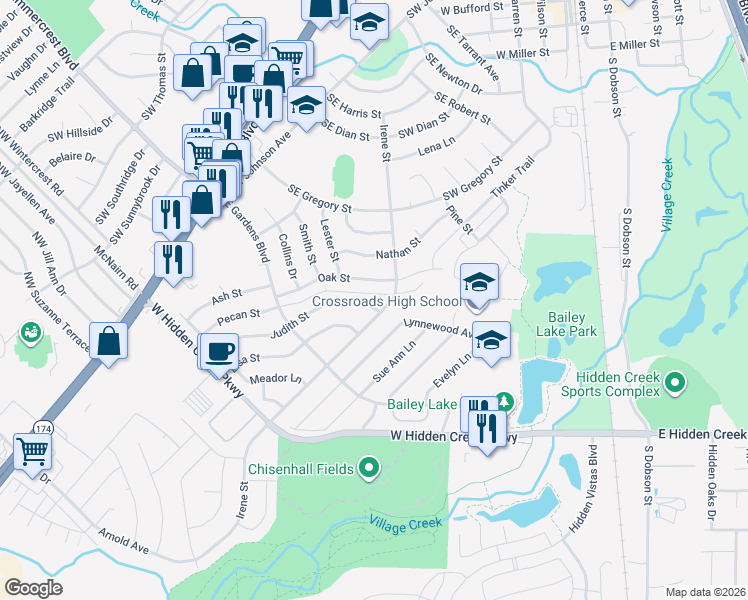 map of restaurants, bars, coffee shops, grocery stores, and more near 504 Judith Street in Burleson