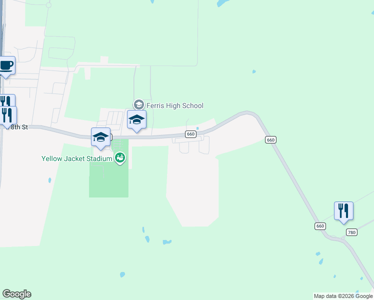 map of restaurants, bars, coffee shops, grocery stores, and more near 1509 FM 664 in Ferris