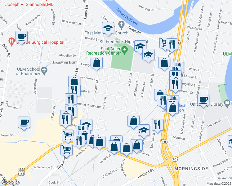 map of restaurants, bars, coffee shops, grocery stores, and more near 3107 Desoto Street in Monroe