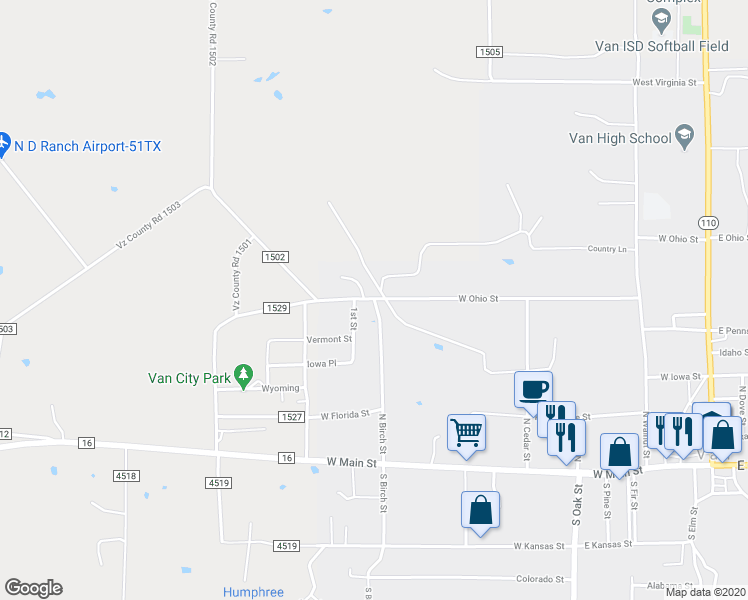 map of restaurants, bars, coffee shops, grocery stores, and more near 395 North Birch Street in Van