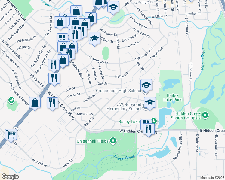 map of restaurants, bars, coffee shops, grocery stores, and more near 504 Judith Street in Burleson