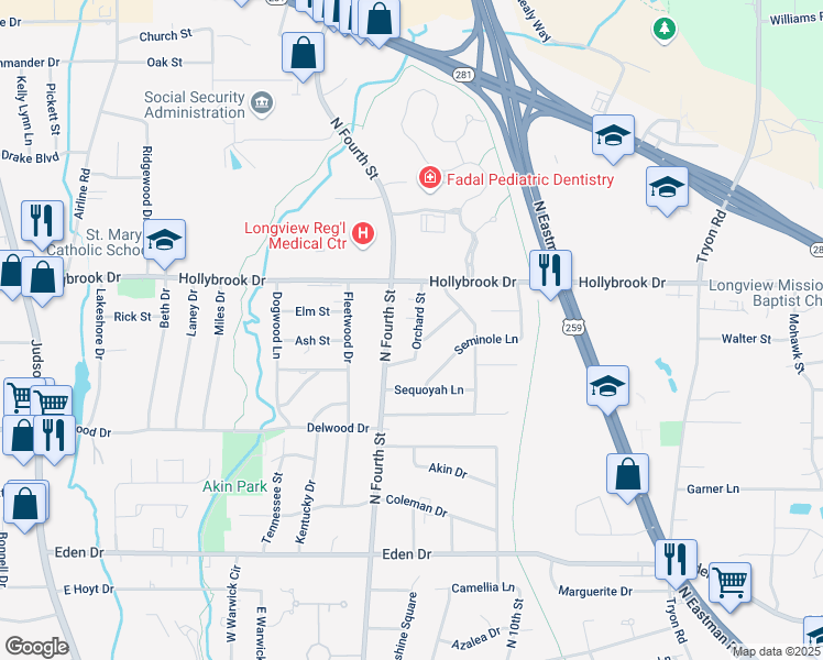 map of restaurants, bars, coffee shops, grocery stores, and more near 1001 Orchard Street in Longview