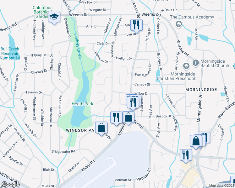 map of restaurants, bars, coffee shops, grocery stores, and more near 4010 Wilbur Drive in Columbus