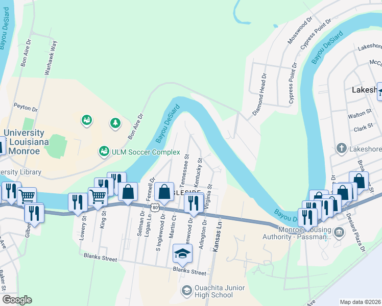 map of restaurants, bars, coffee shops, grocery stores, and more near 310 Tennessee St in Monroe
